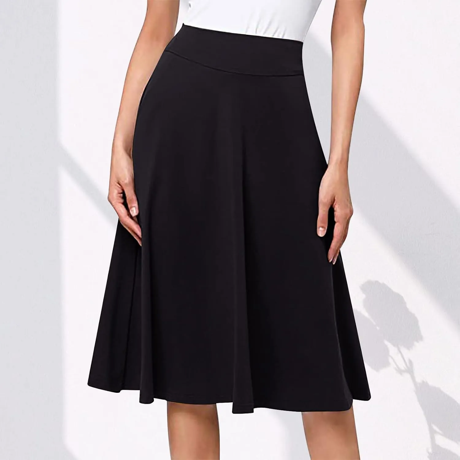 Women's Stretchy High Waist Flare A-Line Midi Skirt Solid Knee Length Elegant Skirts Casual Summer Loose Flowy Skirt