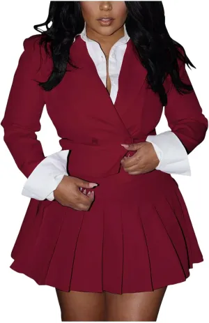 Womens Suits Two Piece Outfits Work Business Casual Cropped Blazer Jacket Top and High Waist Pleated Mini Skirt Sets