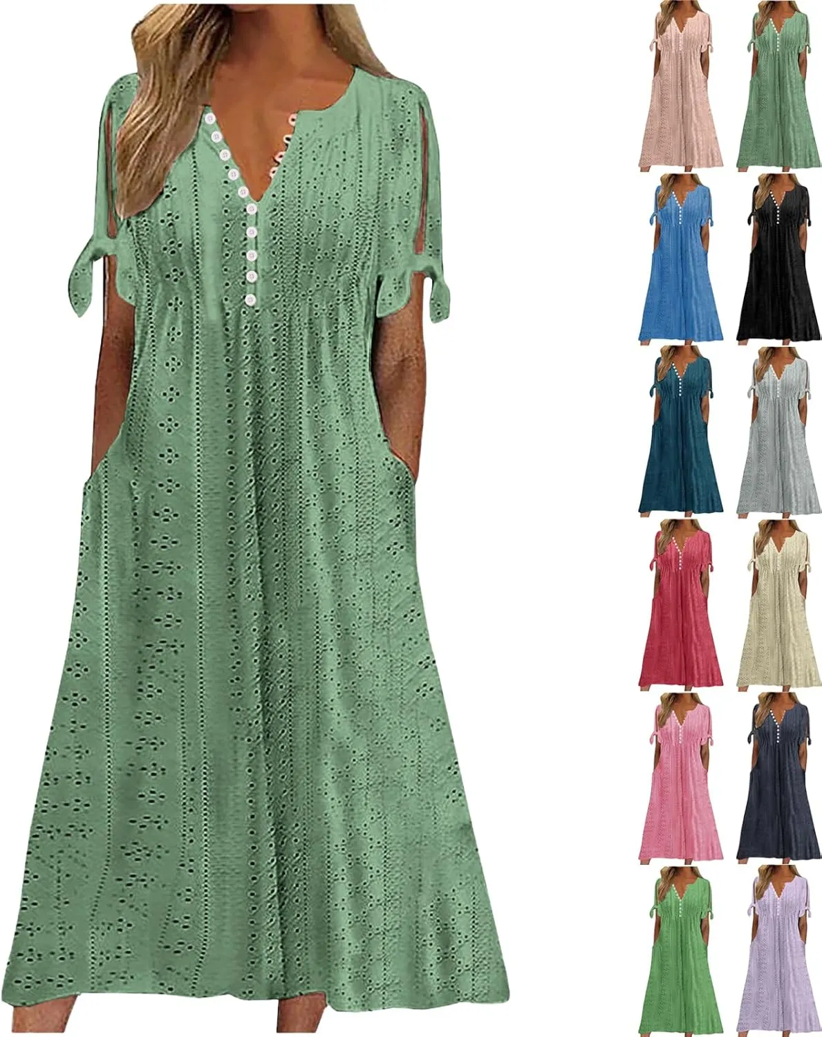 Womens Summer Casual Dresses 2025 Trendy V-Neck Button Down Hollow Out Short Sleeve Dresses Beach Vacation Sundress