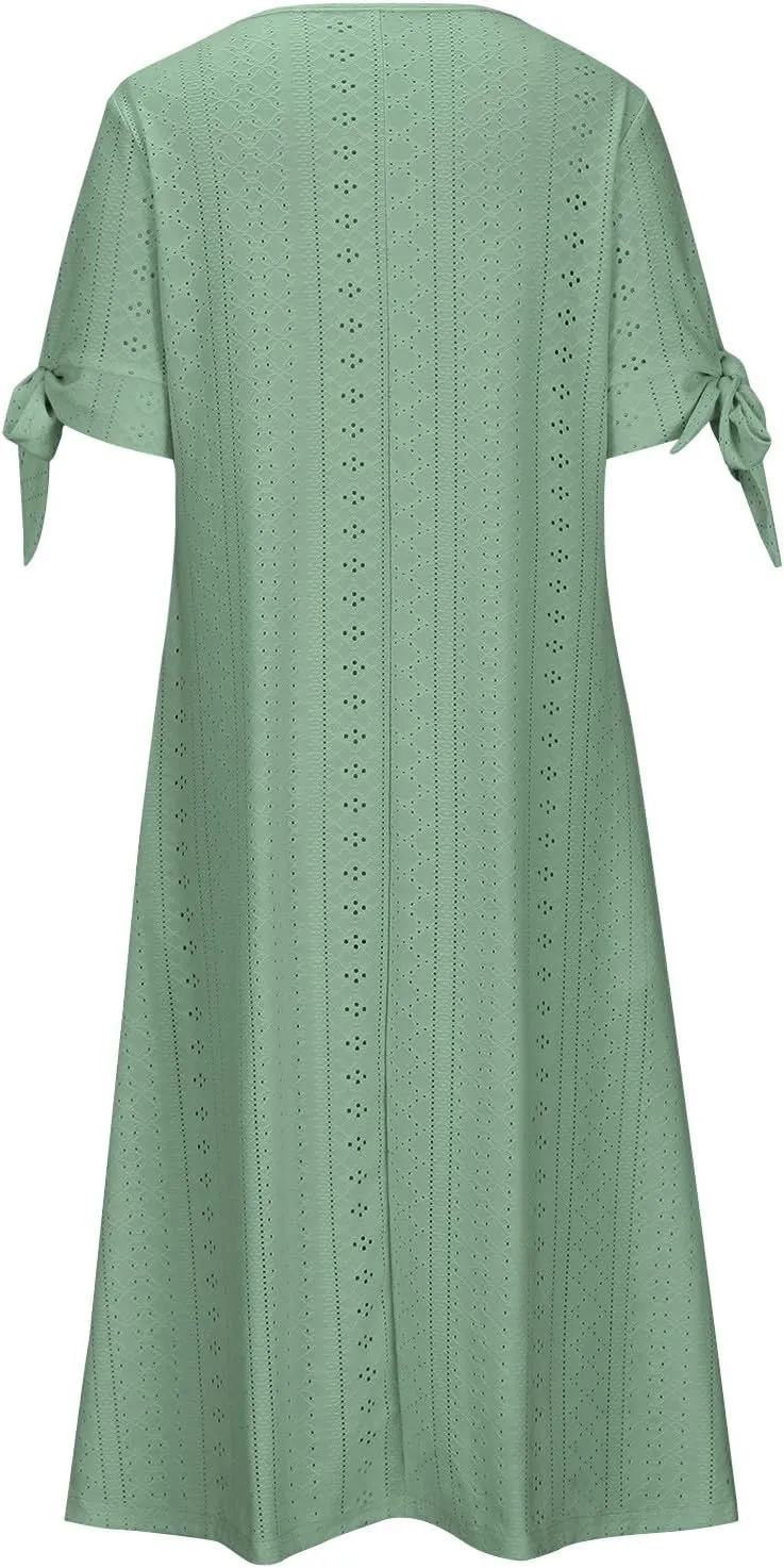 Womens Summer Casual Dresses 2025 Trendy V-Neck Button Down Hollow Out Short Sleeve Dresses Beach Vacation Sundress