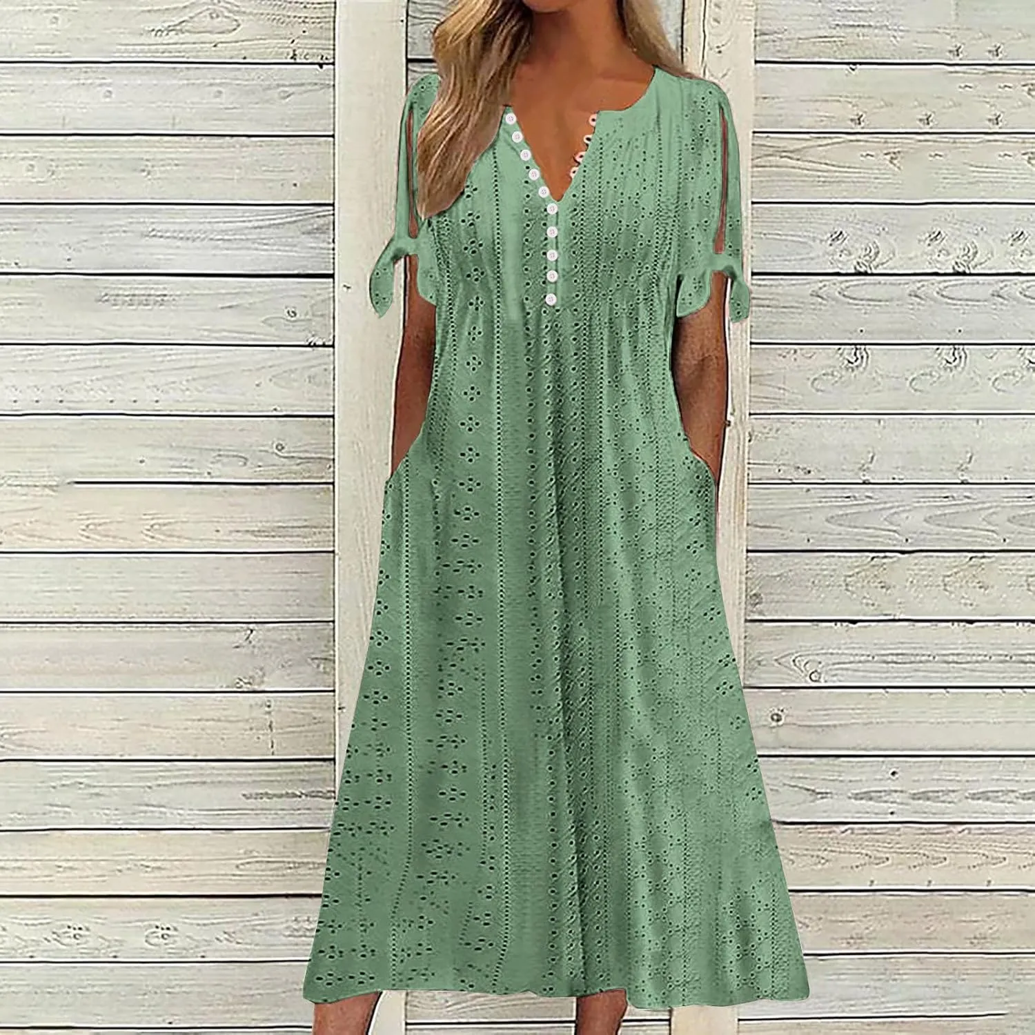 Womens Summer Casual Dresses 2025 Trendy V-Neck Button Down Hollow Out Short Sleeve Dresses Beach Vacation Sundress