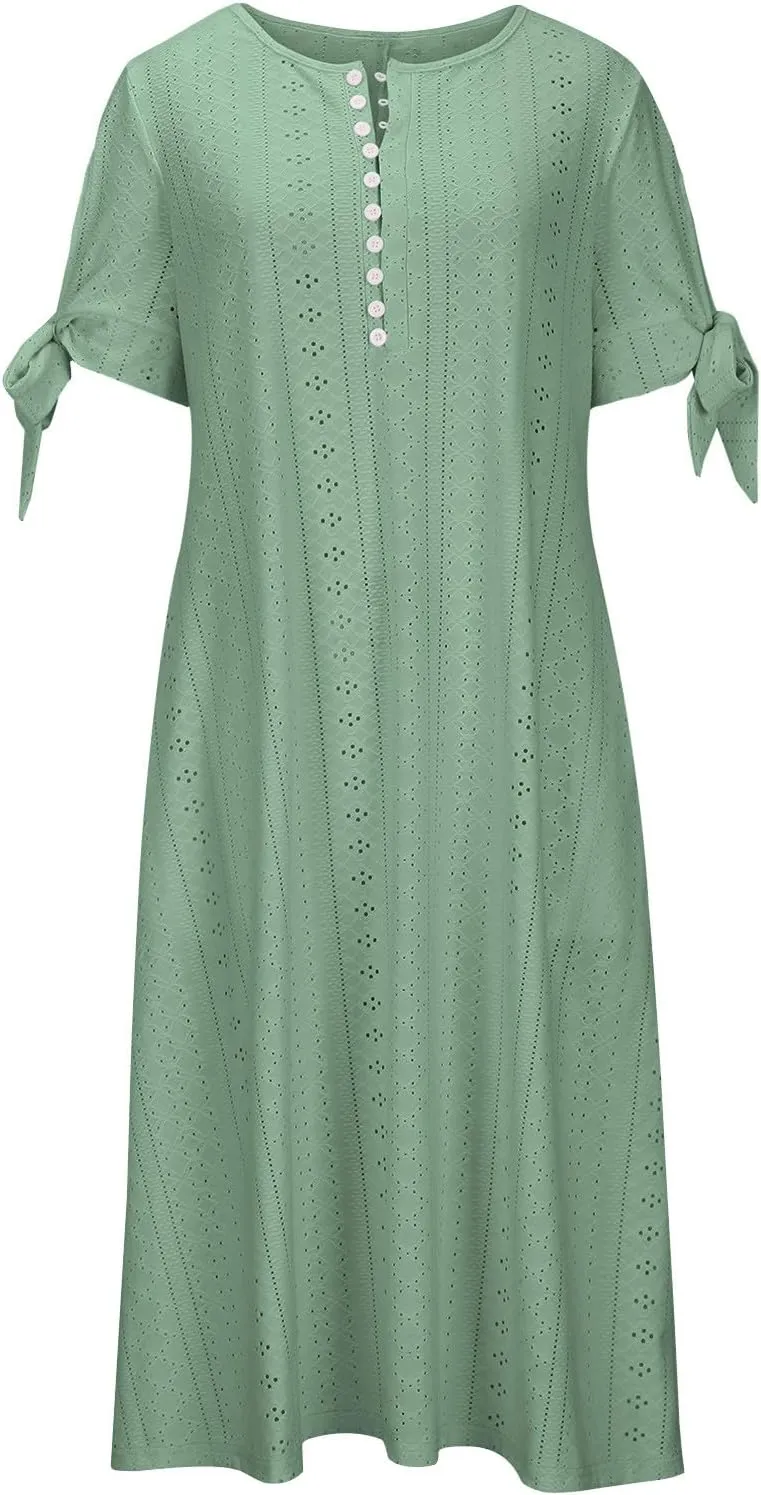 Womens Summer Casual Dresses 2025 Trendy V-Neck Button Down Hollow Out Short Sleeve Dresses Beach Vacation Sundress