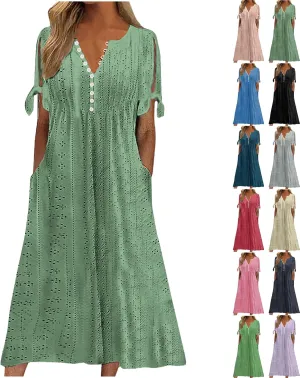 Womens Summer Casual Dresses 2025 Trendy V-Neck Button Down Hollow Out Short Sleeve Dresses Beach Vacation Sundress