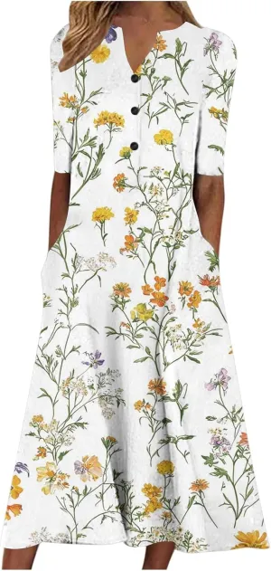 Womens Summer Casual Midi Dress V Neck Floral Printed Short Sleeve Dresses 2025 Trendy Flowy Vacation Sundresses