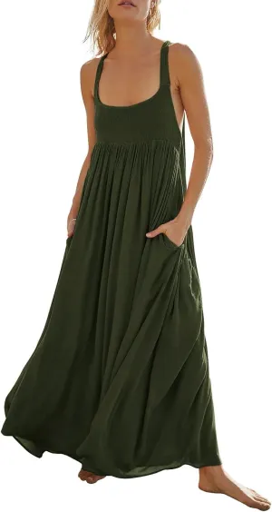 Women's Summer Casual Solid Color Dress 2024 Swing Strapless Sleeveless Maxi Dresses, S-2XL
