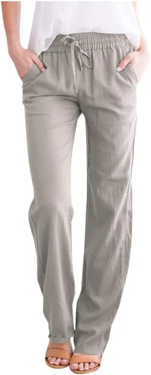 Womens Summer Cotton Linen Drawstring Trousers Solid Elastic Waist Wide Leg Pants Work Golf Pants Relax Fit Sweatpants