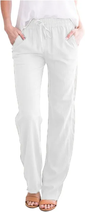 Womens Summer Cotton Linen Drawstring Trousers Solid Elastic Waist Wide Leg Pants Work Golf Pants Relax Fit Sweatpants