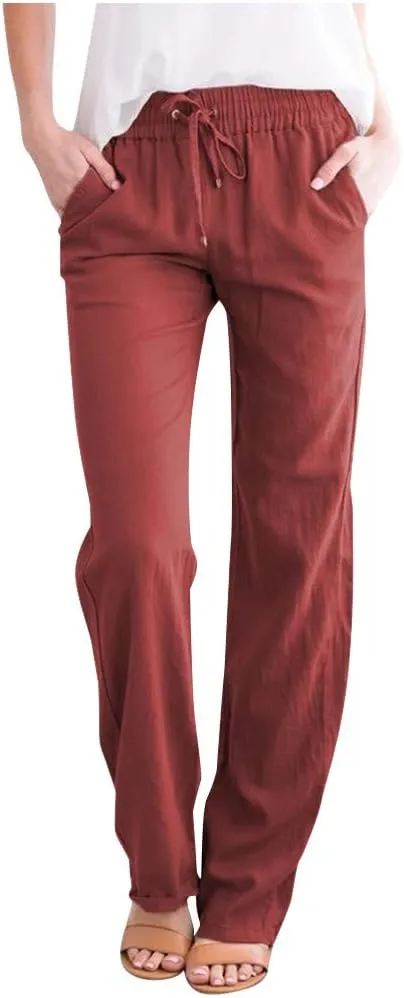 Womens Summer Cotton Linen Drawstring Trousers Solid Elastic Waist Wide Leg Pants Work Golf Pants Relax Fit Sweatpants