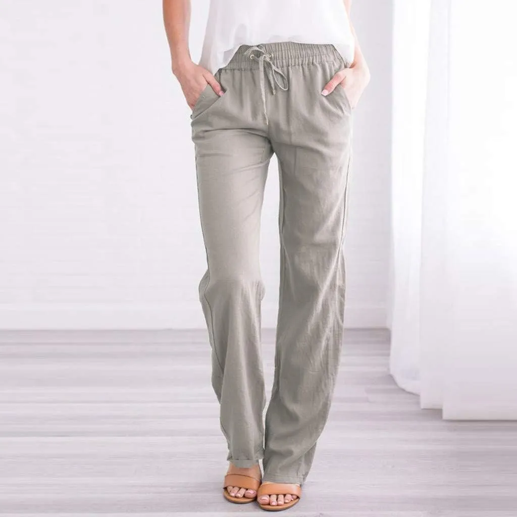Womens Summer Cotton Linen Drawstring Trousers Solid Elastic Waist Wide Leg Pants Work Golf Pants Relax Fit Sweatpants