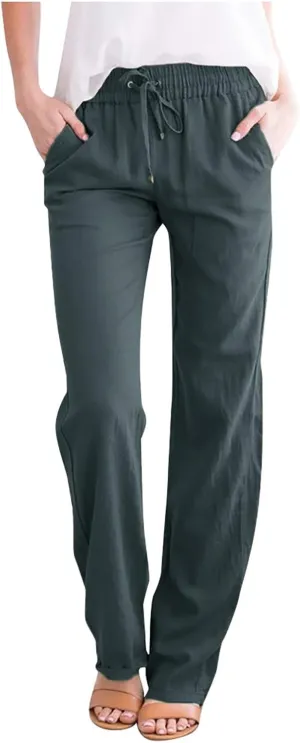 Womens Summer Cotton Linen Drawstring Trousers Solid Elastic Waist Wide Leg Pants Work Golf Pants Relax Fit Sweatpants