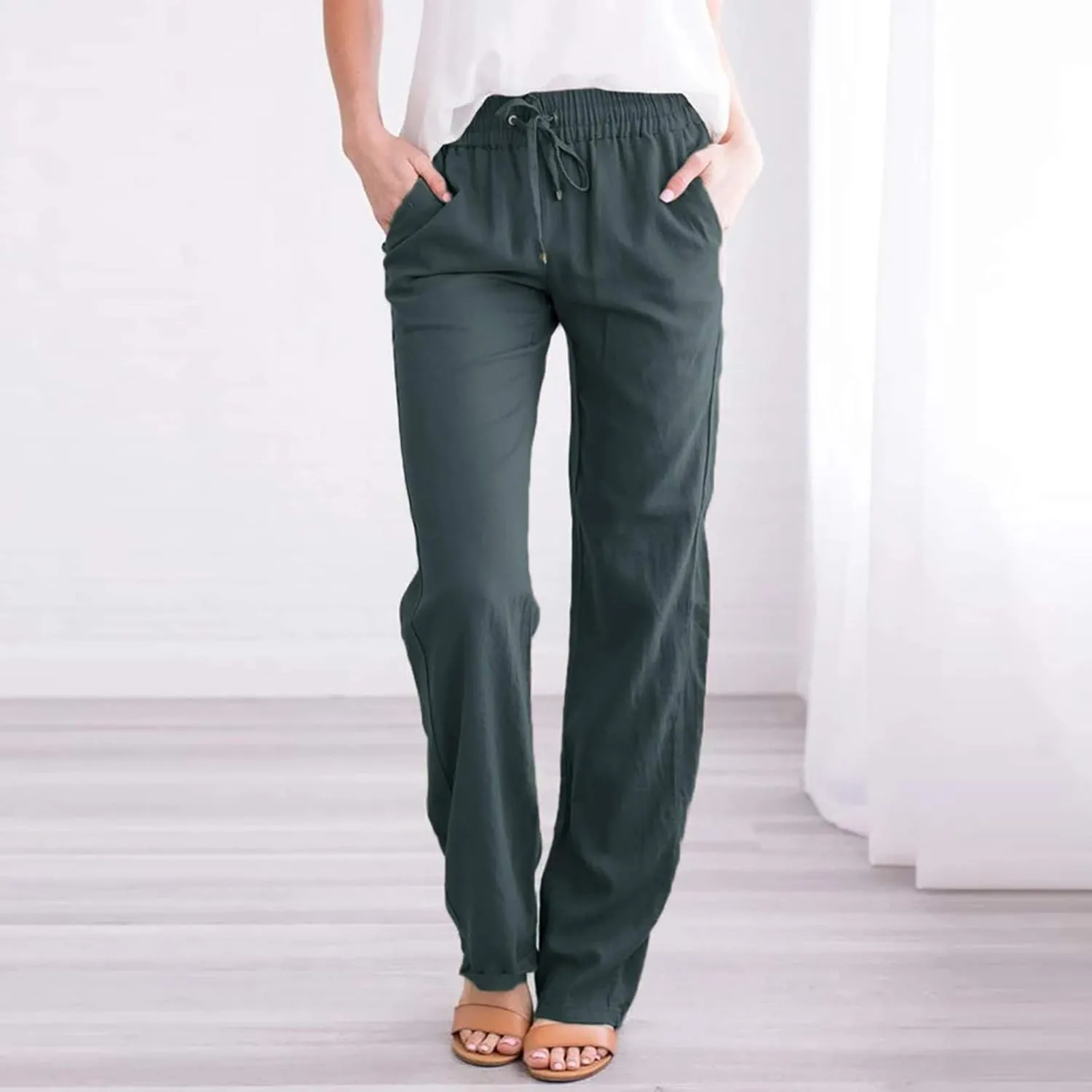 Womens Summer Cotton Linen Drawstring Trousers Solid Elastic Waist Wide Leg Pants Work Golf Pants Relax Fit Sweatpants