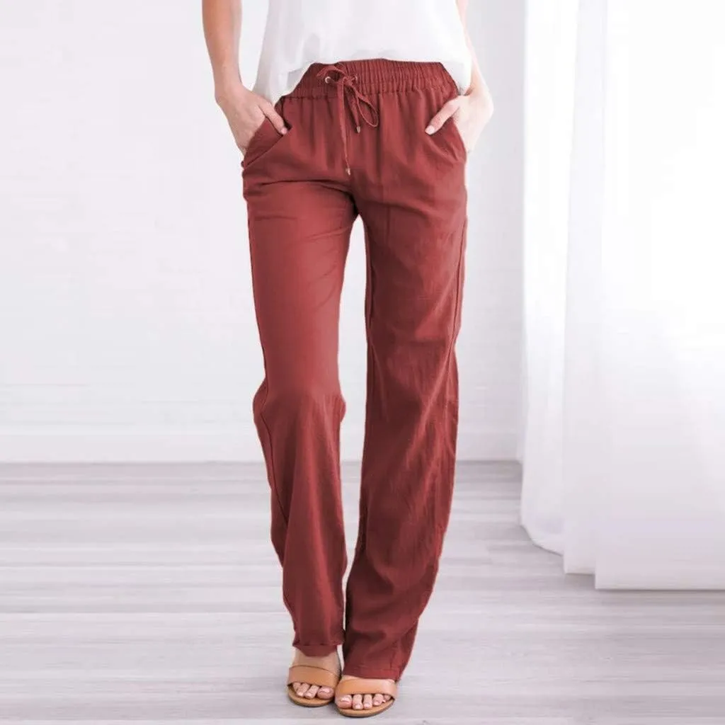 Womens Summer Cotton Linen Drawstring Trousers Solid Elastic Waist Wide Leg Pants Work Golf Pants Relax Fit Sweatpants