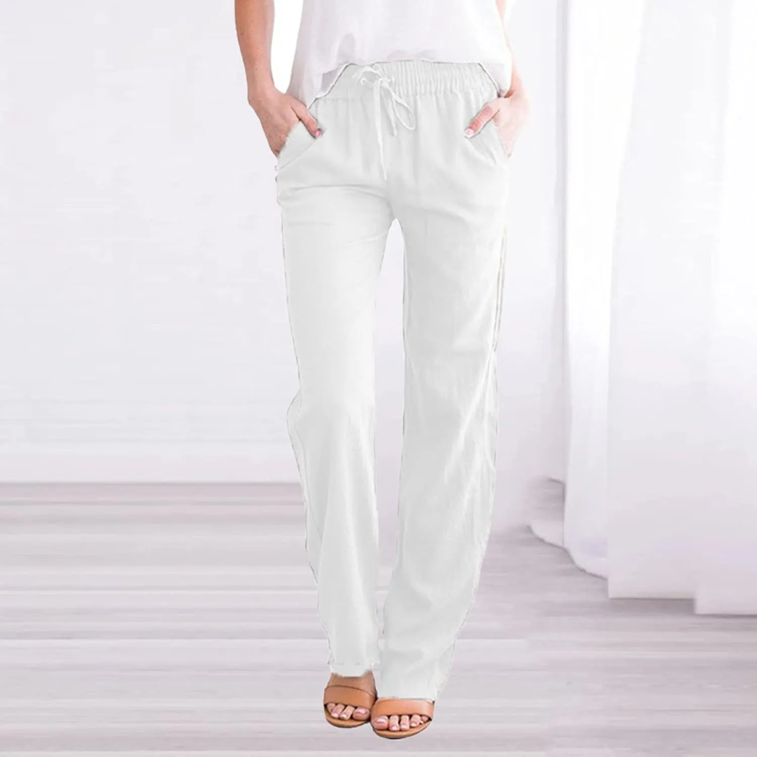 Womens Summer Cotton Linen Drawstring Trousers Solid Elastic Waist Wide Leg Pants Work Golf Pants Relax Fit Sweatpants