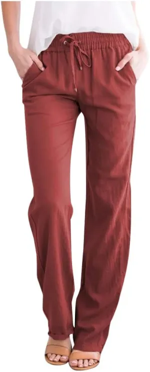 Womens Summer Cotton Linen Drawstring Trousers Solid Elastic Waist Wide Leg Pants Work Golf Pants Relax Fit Sweatpants