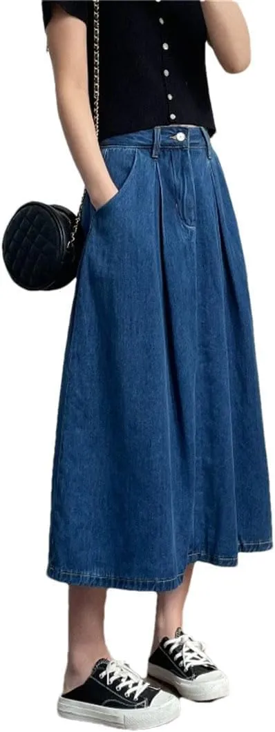 Women's Summer Denim Cargo Skirts High Waist Casual Loose Umbrella A-Line Skirts