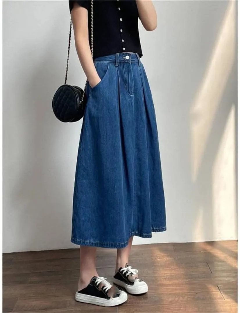 Women's Summer Denim Cargo Skirts High Waist Casual Loose Umbrella A-Line Skirts