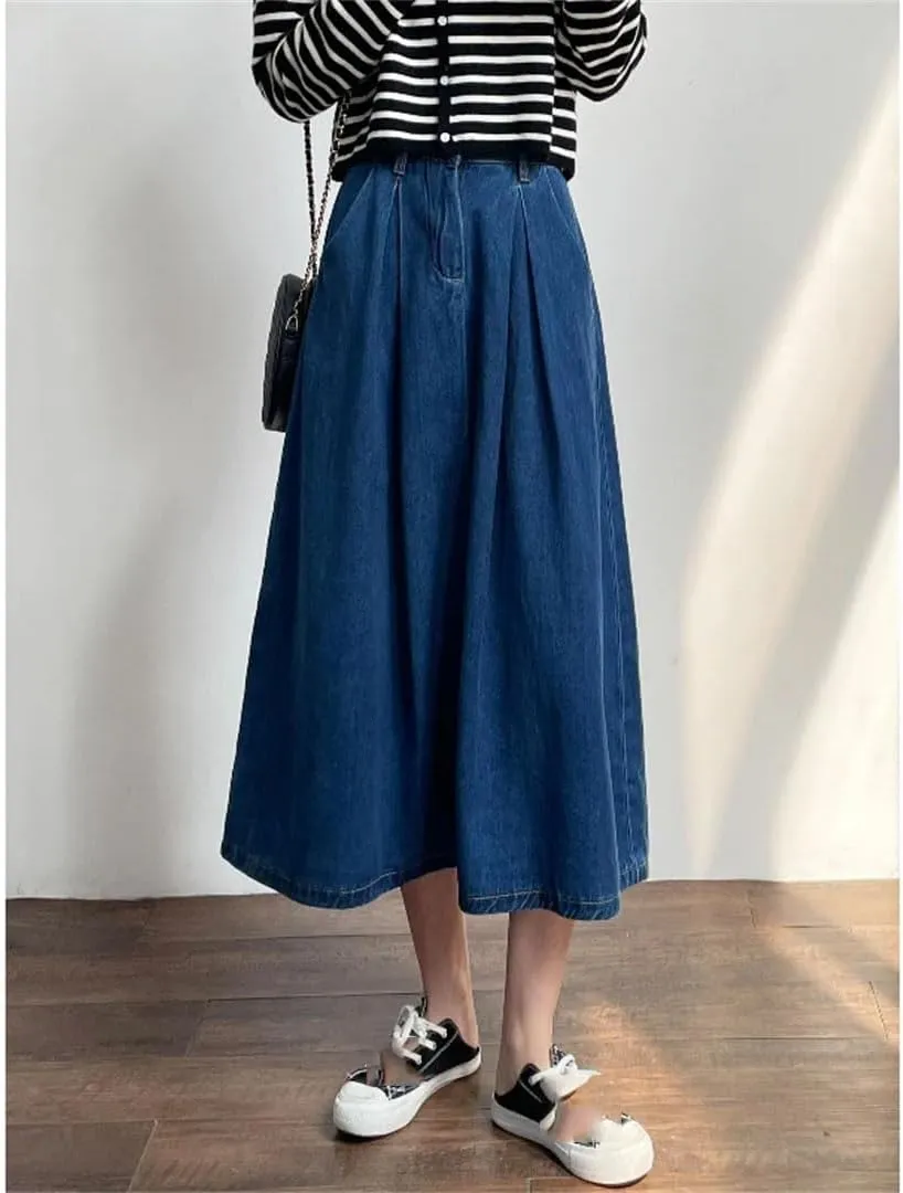 Women's Summer Denim Cargo Skirts High Waist Casual Loose Umbrella A-Line Skirts