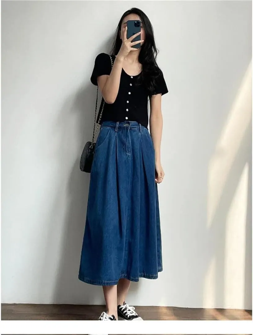 Women's Summer Denim Cargo Skirts High Waist Casual Loose Umbrella A-Line Skirts