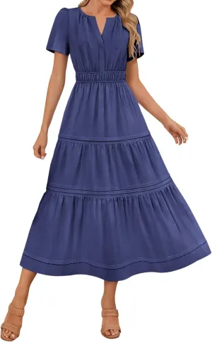 Womens Summer Dresses Casual Short Sleeve V Neck Boho Sundress Tiered Ruffle A-Line Beach Maxi Dress with Pockets