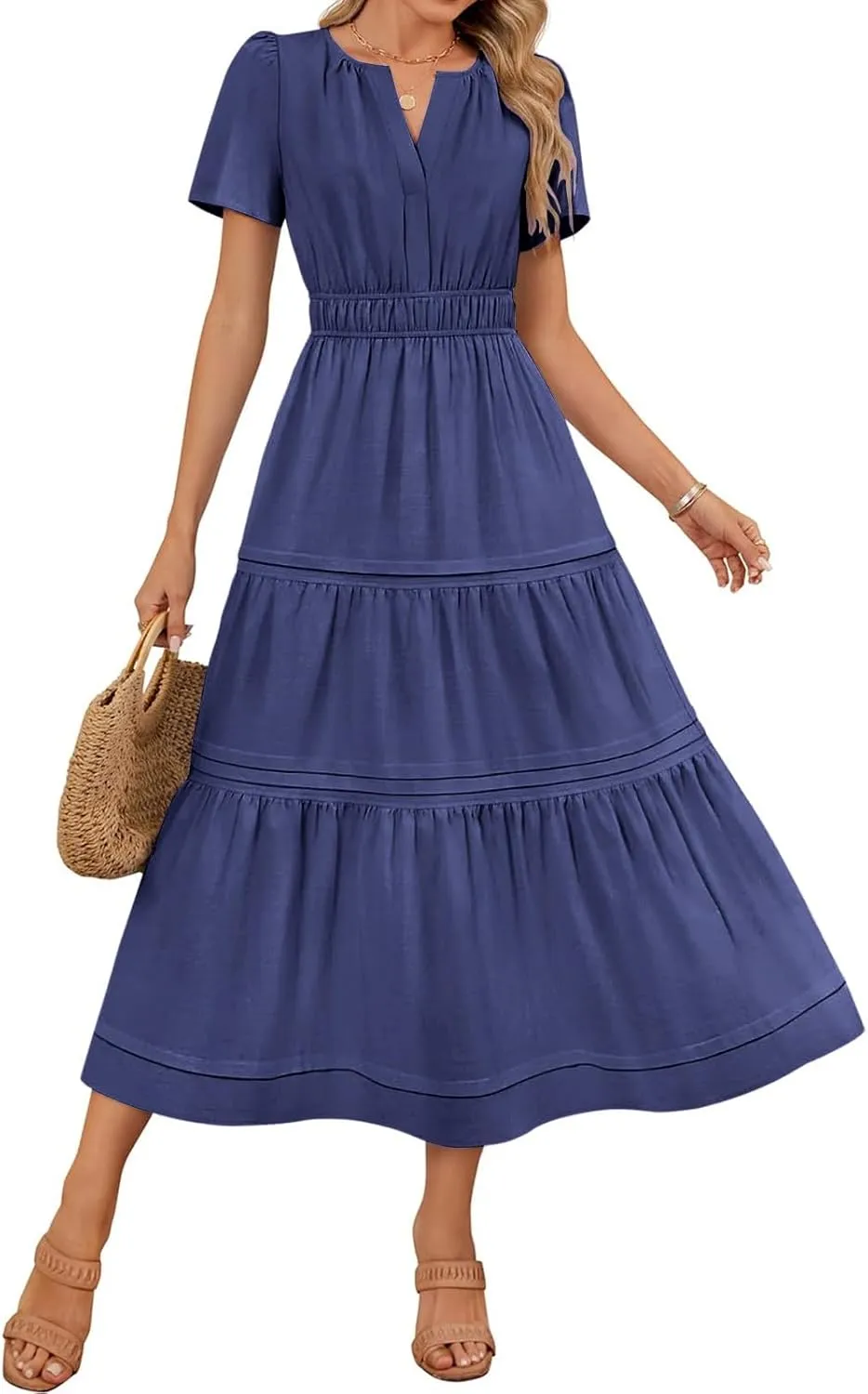 Womens Summer Dresses Casual Short Sleeve V Neck Boho Sundress Tiered Ruffle A-Line Beach Maxi Dress with Pockets