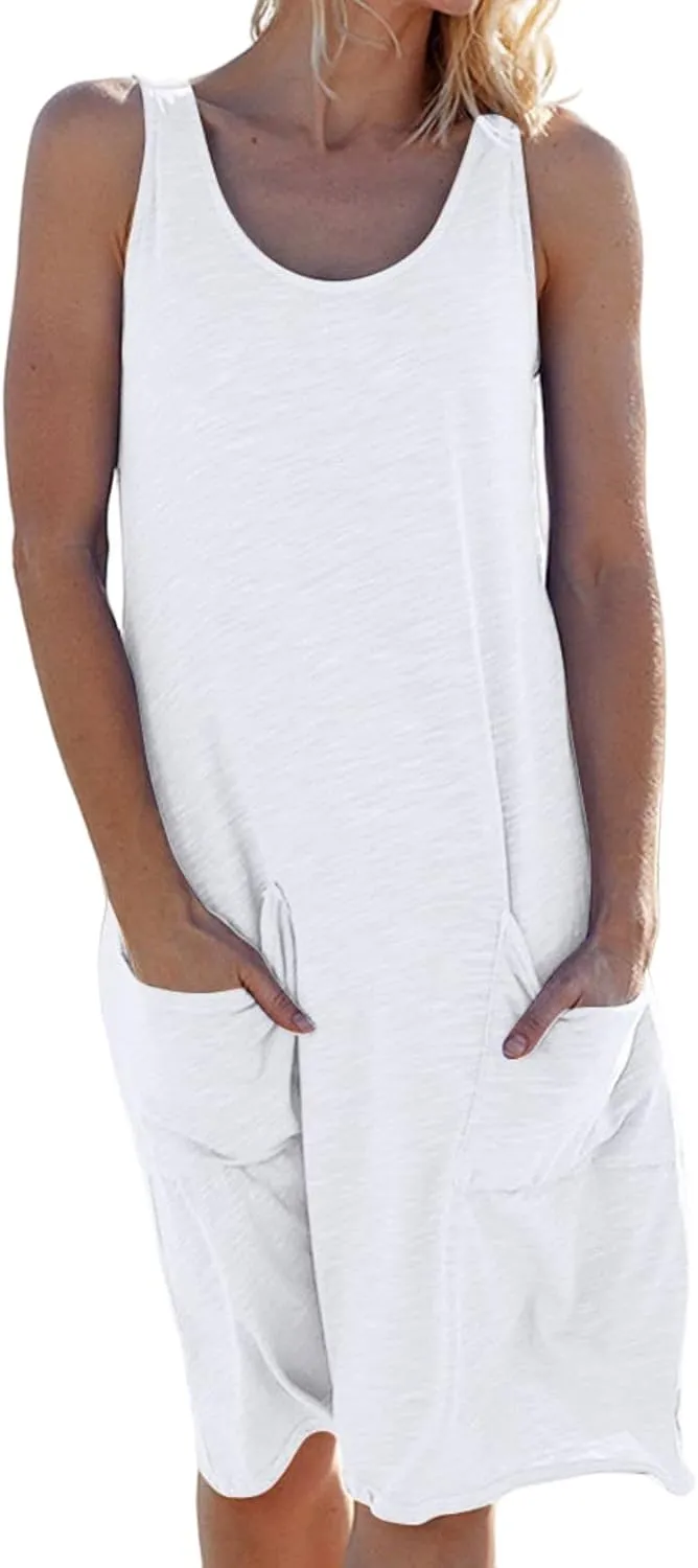 Womens Summer Knitted Dress Casual Sleeveless Midi Dresses Boho Beach Vacation Jumper Dress with Pockets