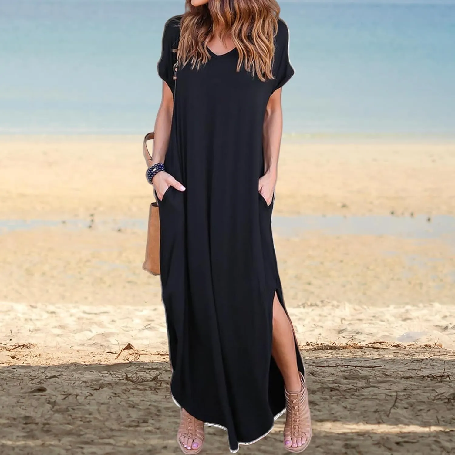 Women's Summer Maxi Dress V Neck Short Sleeve Dresses Long Beach Split Dress Casual Loose Sundress with Pockets