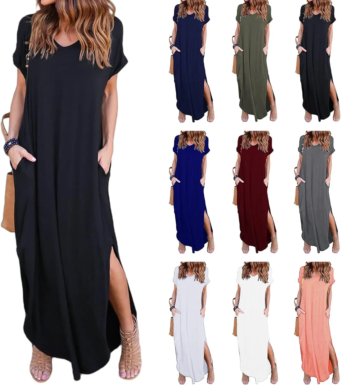 Women's Summer Maxi Dress V Neck Short Sleeve Dresses Long Beach Split Dress Casual Loose Sundress with Pockets