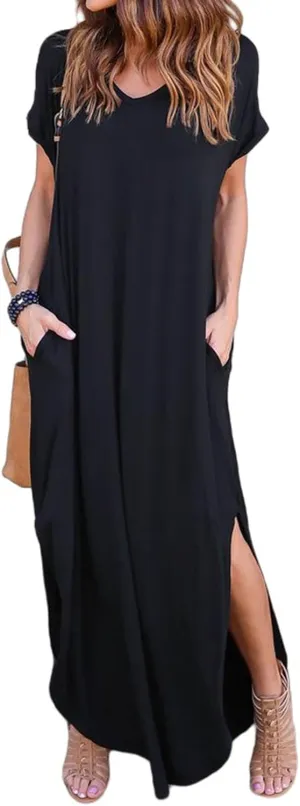 Women's Summer Maxi Dress V Neck Short Sleeve Dresses Long Beach Split Dress Casual Loose Sundress with Pockets