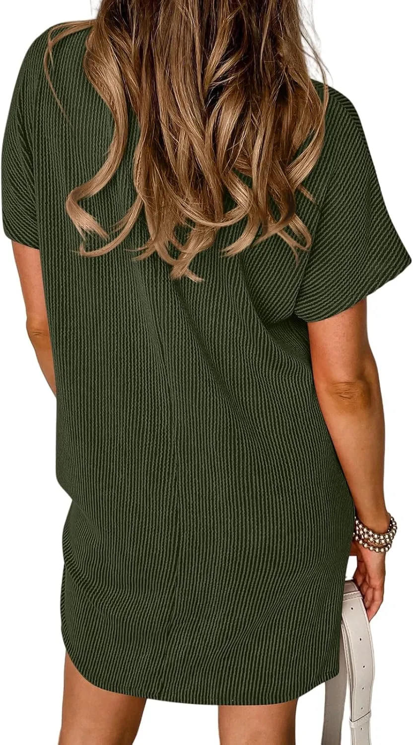 Womens Summer Mini Dress Casual Ribbed Knit Crew Neck Short Sleeve Dresses Loos Fit Texture Sundress with Pocket