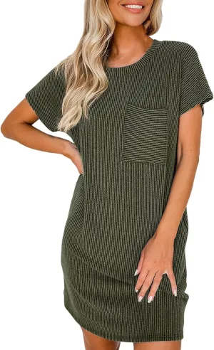 Womens Summer Mini Dress Casual Ribbed Knit Crew Neck Short Sleeve Dresses Loos Fit Texture Sundress with Pocket