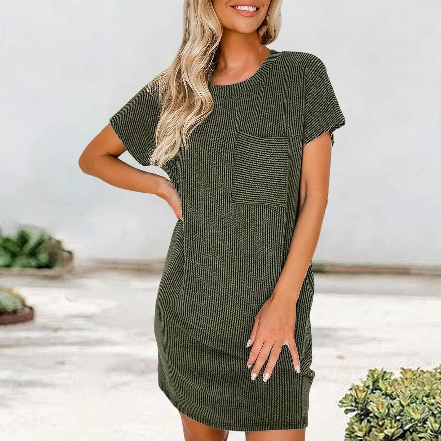 Womens Summer Mini Dress Casual Ribbed Knit Crew Neck Short Sleeve Dresses Loos Fit Texture Sundress with Pocket