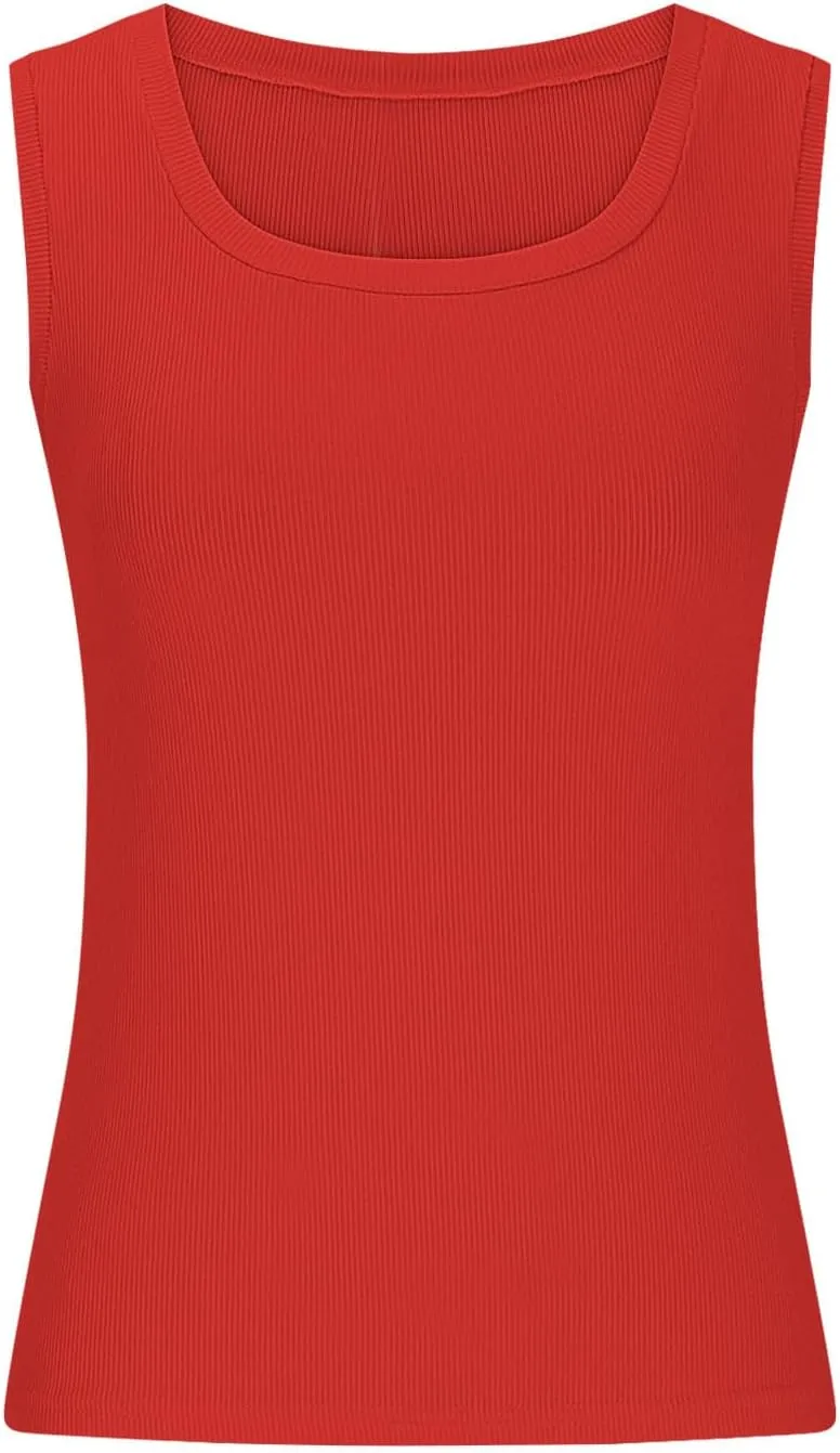 Women's Summer Ribbed Tank Tops Sleeveless Crew Neck Fitted Basic Cami Top Loose Fit Beach Vacation Outfit