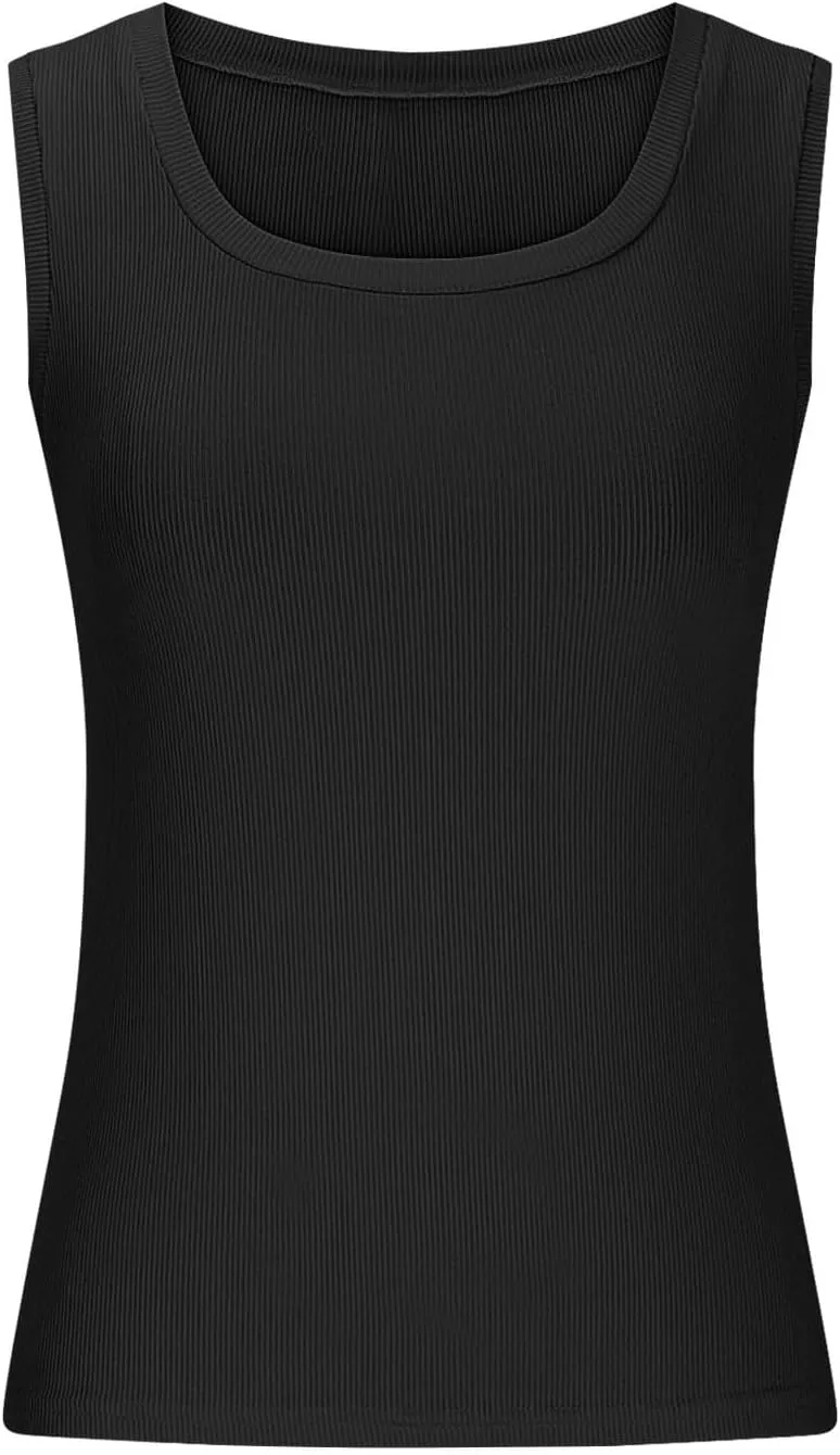 Women's Summer Ribbed Tank Tops Sleeveless Crew Neck Fitted Basic Cami Top Loose Fit Beach Vacation Outfit