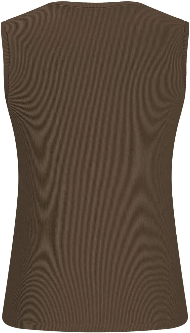Women's Summer Ribbed Tank Tops Sleeveless Crew Neck Fitted Basic Cami Top Loose Fit Beach Vacation Outfit