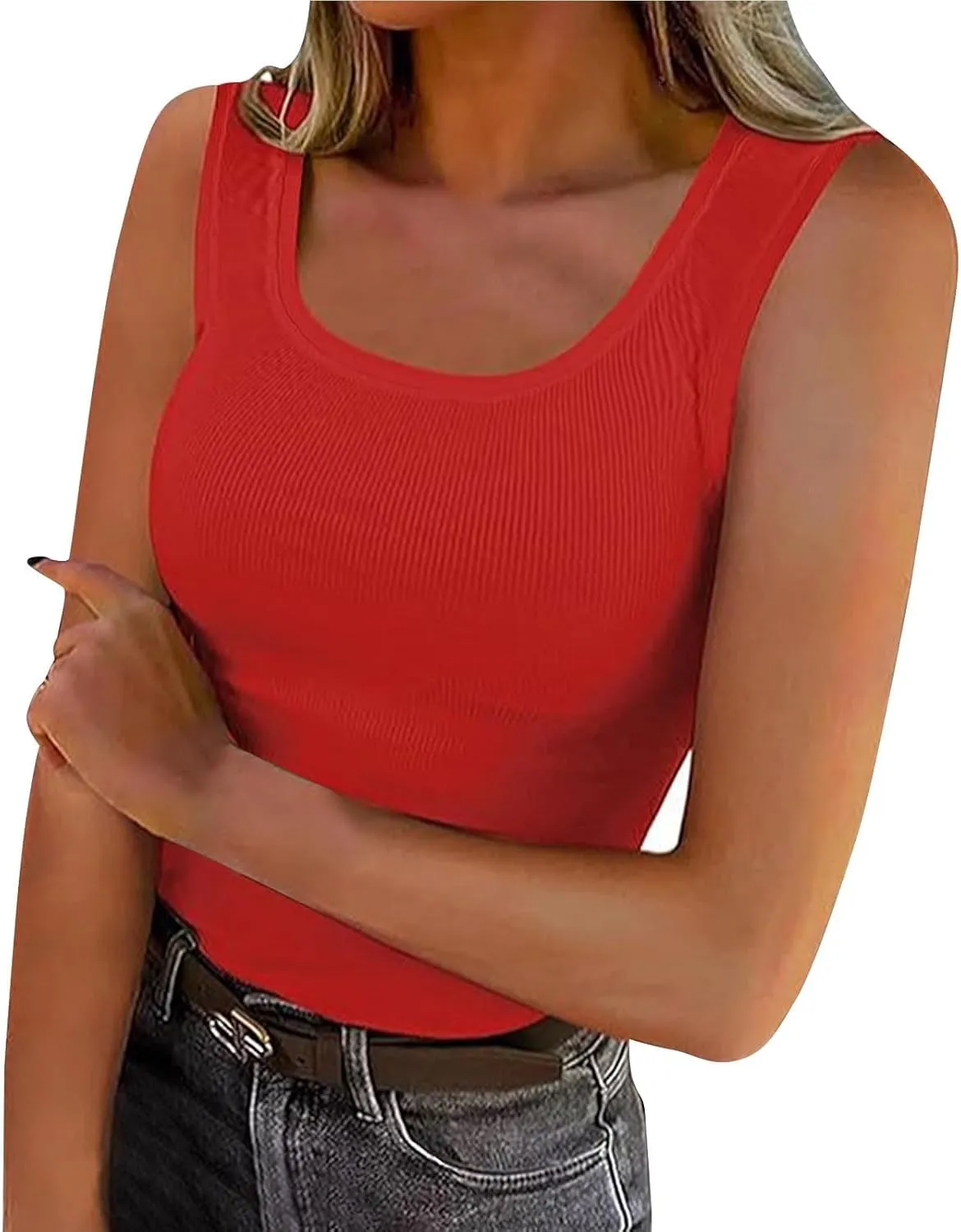 Women's Summer Ribbed Tank Tops Sleeveless Crew Neck Fitted Basic Cami Top Loose Fit Beach Vacation Outfit