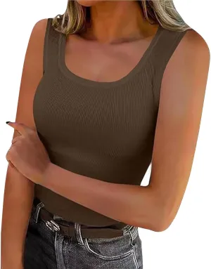 Women's Summer Ribbed Tank Tops Sleeveless Crew Neck Fitted Basic Cami Top Loose Fit Beach Vacation Outfit