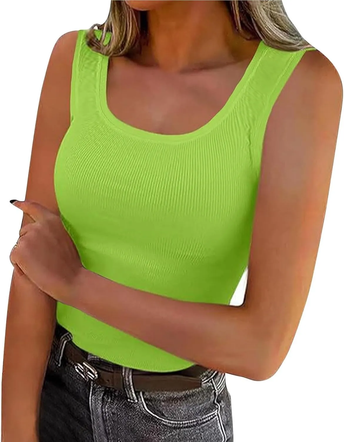 Women's Summer Ribbed Tank Tops Sleeveless Crew Neck Fitted Basic Cami Top Loose Fit Beach Vacation Outfit