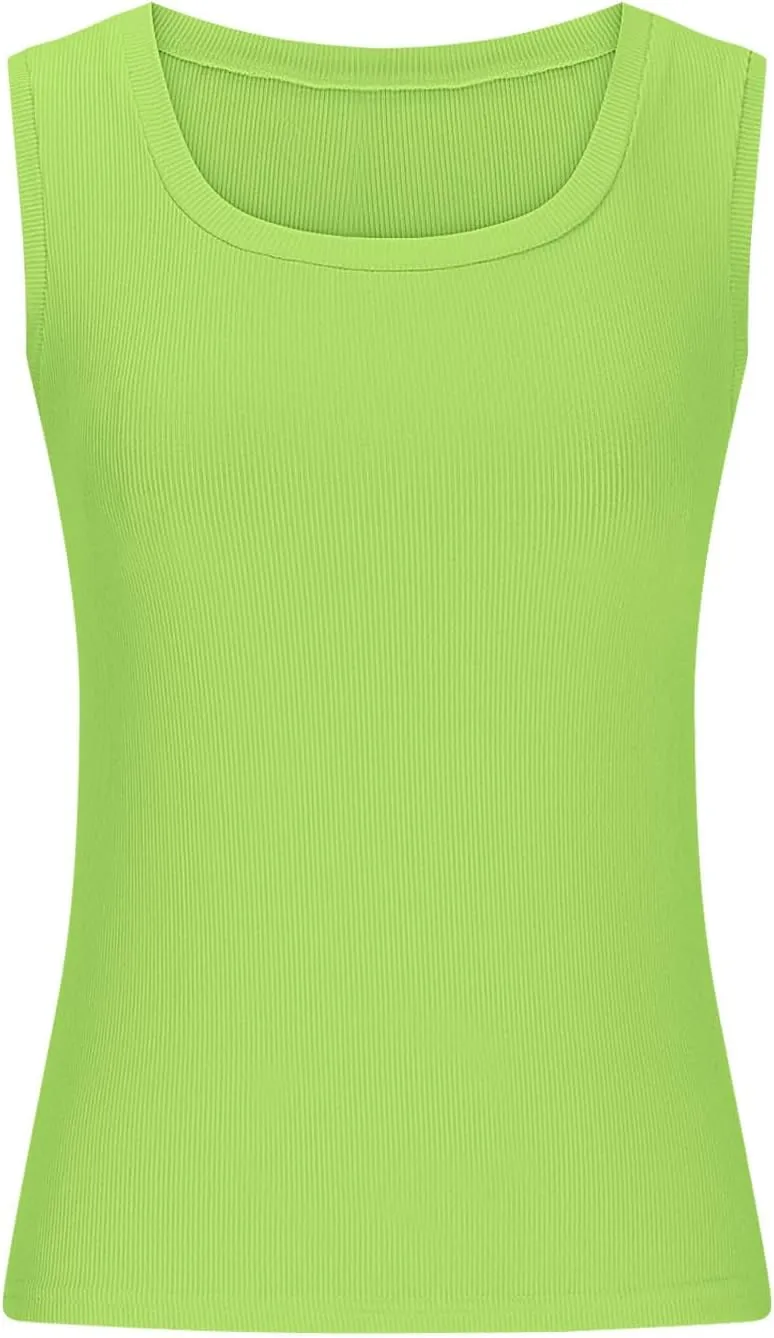 Women's Summer Ribbed Tank Tops Sleeveless Crew Neck Fitted Basic Cami Top Loose Fit Beach Vacation Outfit