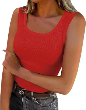Women's Summer Ribbed Tank Tops Sleeveless Crew Neck Fitted Basic Cami Top Loose Fit Beach Vacation Outfit