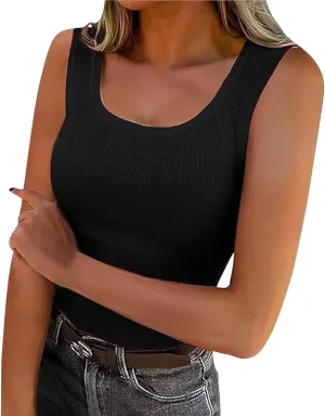 Women's Summer Ribbed Tank Tops Sleeveless Crew Neck Fitted Basic Cami Top Loose Fit Beach Vacation Outfit