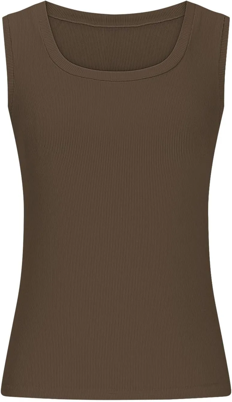 Women's Summer Ribbed Tank Tops Sleeveless Crew Neck Fitted Basic Cami Top Loose Fit Beach Vacation Outfit