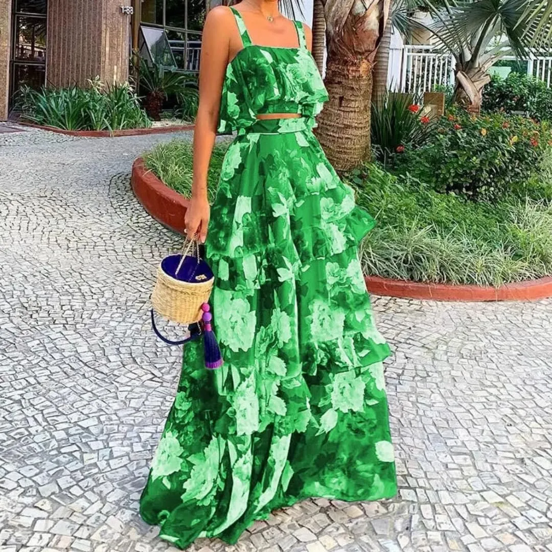 Women's Summer Ruffle Cami Top Maxi Skirt Dress Sets Floral Print Strap Tiered Ruffle Skirt Boho Beach Maxi Long Dress Sets