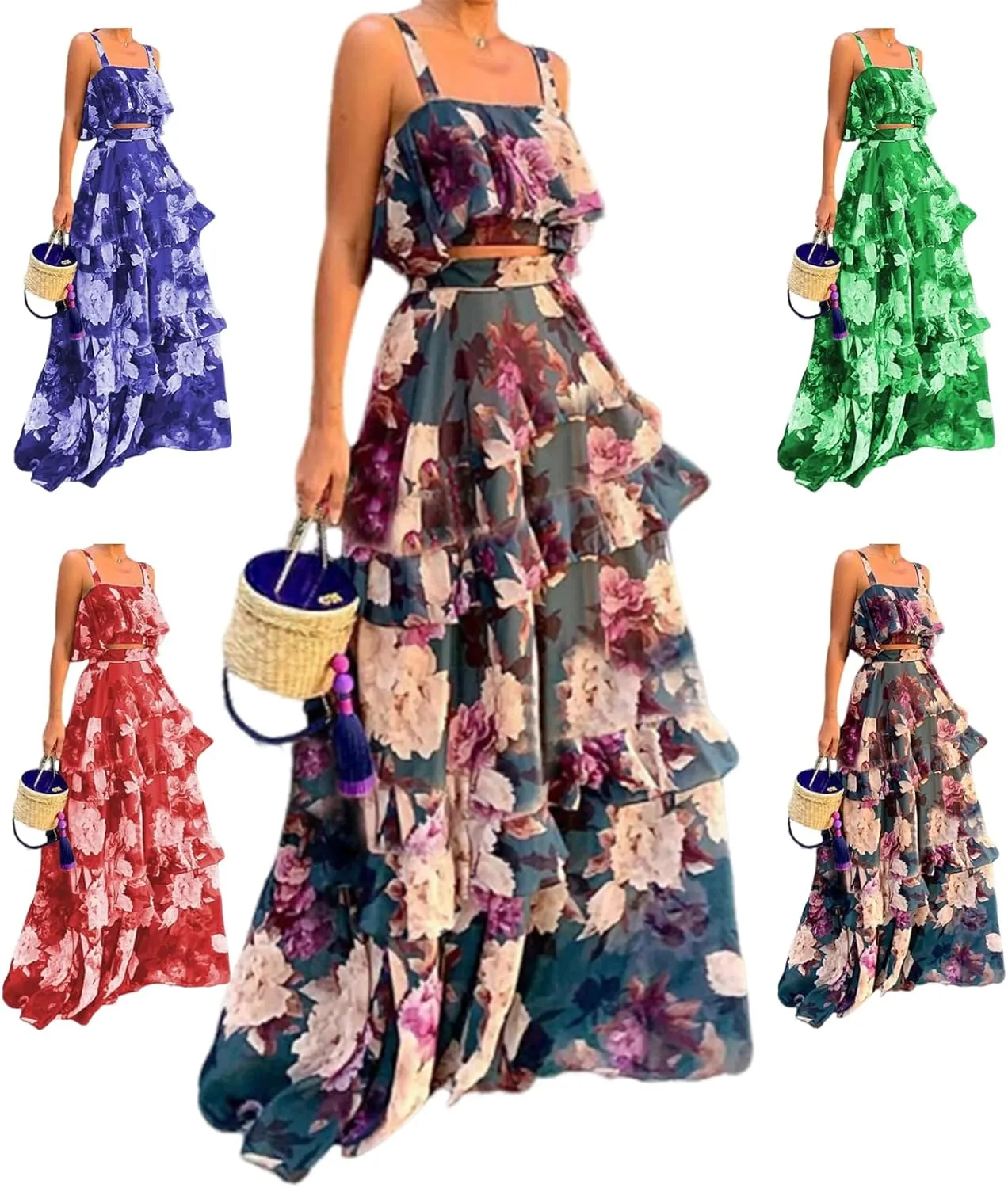 Women's Summer Ruffle Cami Top Maxi Skirt Dress Sets Floral Print Strap Tiered Ruffle Skirt Boho Beach Maxi Long Dress Sets