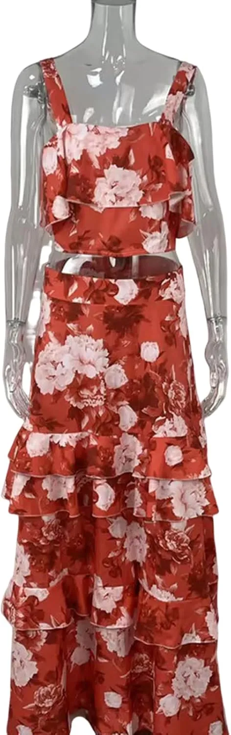 Women's Summer Ruffle Cami Top Maxi Skirt Dress Sets Floral Print Strap Tiered Ruffle Skirt Boho Beach Maxi Long Dress Sets
