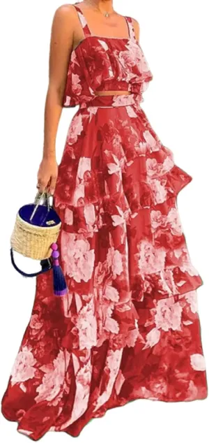 Women's Summer Ruffle Cami Top Maxi Skirt Dress Sets Floral Print Strap Tiered Ruffle Skirt Boho Beach Maxi Long Dress Sets
