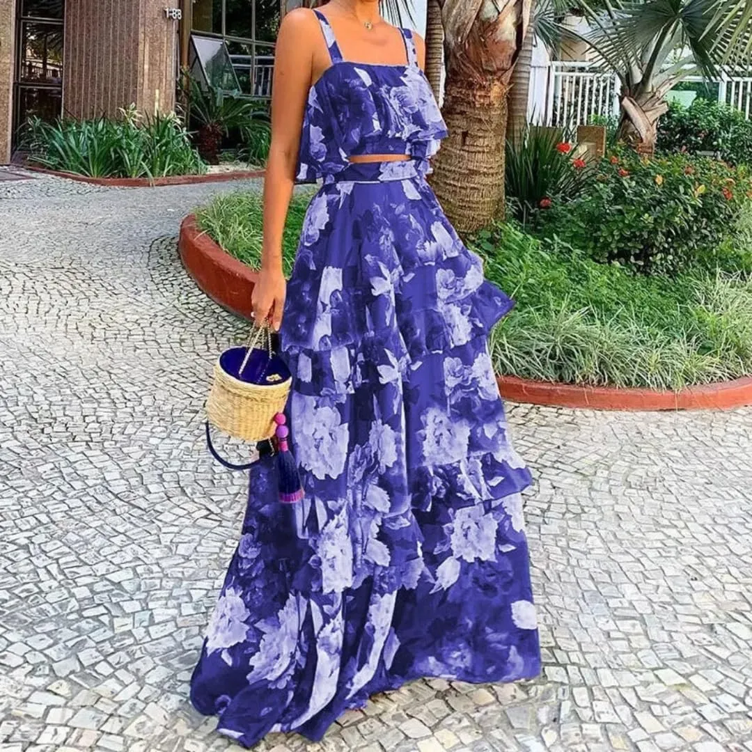Women's Summer Ruffle Cami Top Maxi Skirt Dress Sets Floral Print Strap Tiered Ruffle Skirt Boho Beach Maxi Long Dress Sets