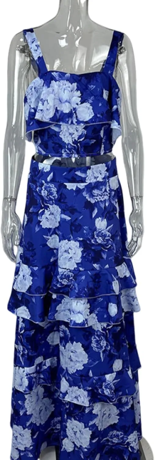 Women's Summer Ruffle Cami Top Maxi Skirt Dress Sets Floral Print Strap Tiered Ruffle Skirt Boho Beach Maxi Long Dress Sets