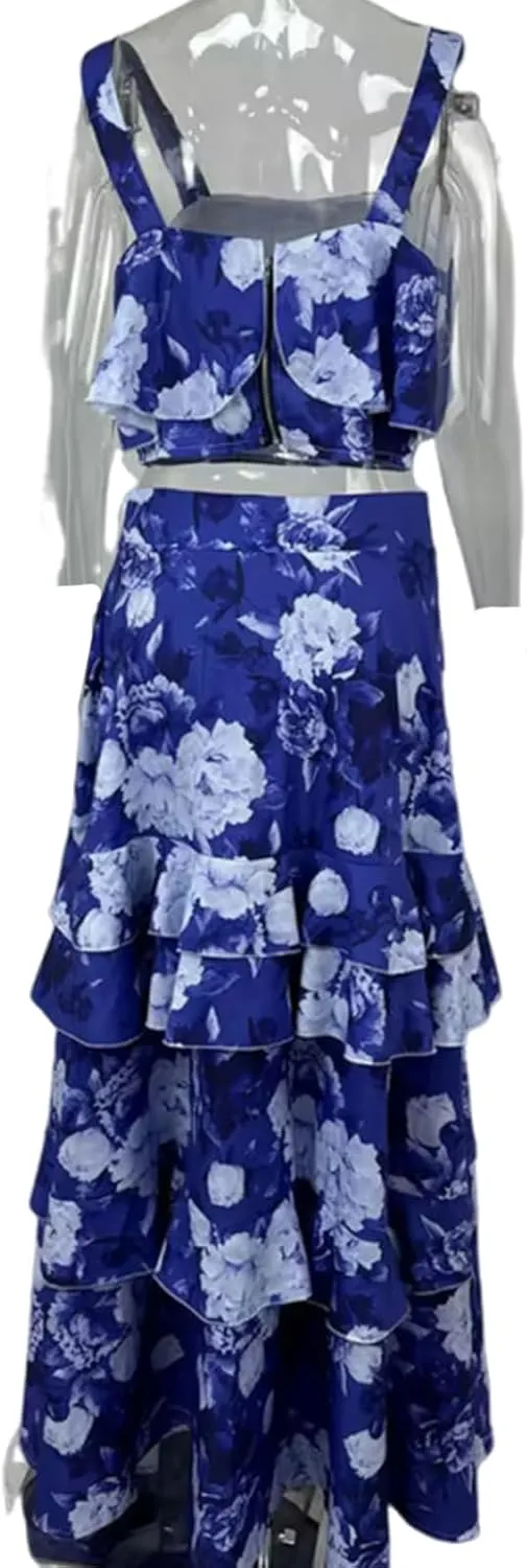 Women's Summer Ruffle Cami Top Maxi Skirt Dress Sets Floral Print Strap Tiered Ruffle Skirt Boho Beach Maxi Long Dress Sets