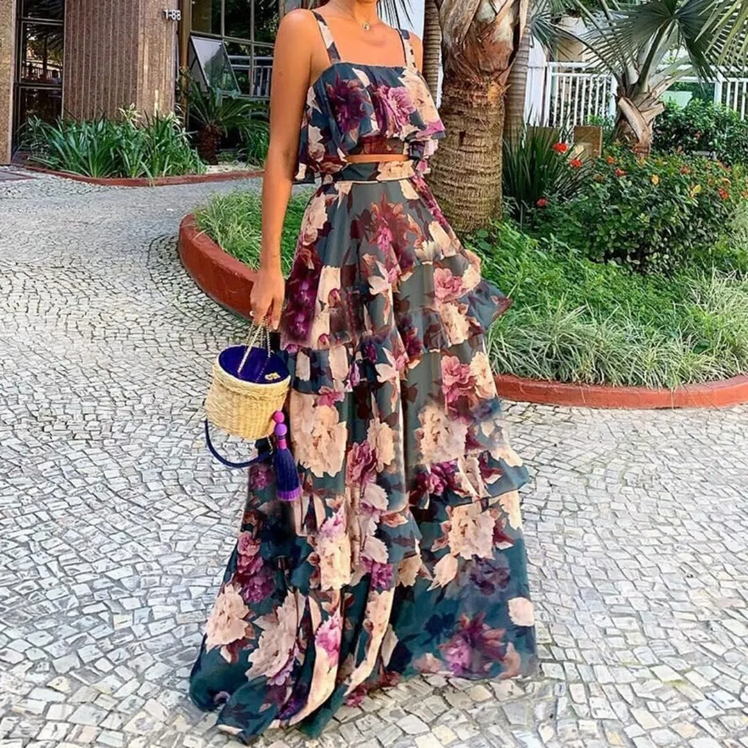 Women's Summer Ruffle Cami Top Maxi Skirt Dress Sets Floral Print Strap Tiered Ruffle Skirt Boho Beach Maxi Long Dress Sets