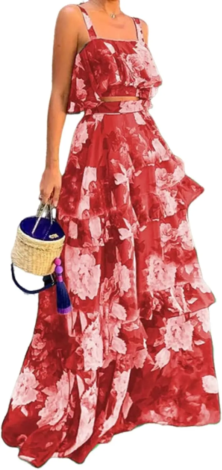 Women's Summer Ruffle Cami Top Maxi Skirt Dress Sets Floral Print Strap Tiered Ruffle Skirt Boho Beach Maxi Long Dress Sets